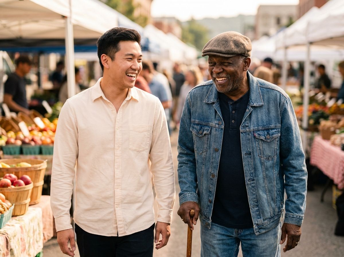 A companion and an older man share a laugh at a farmers market